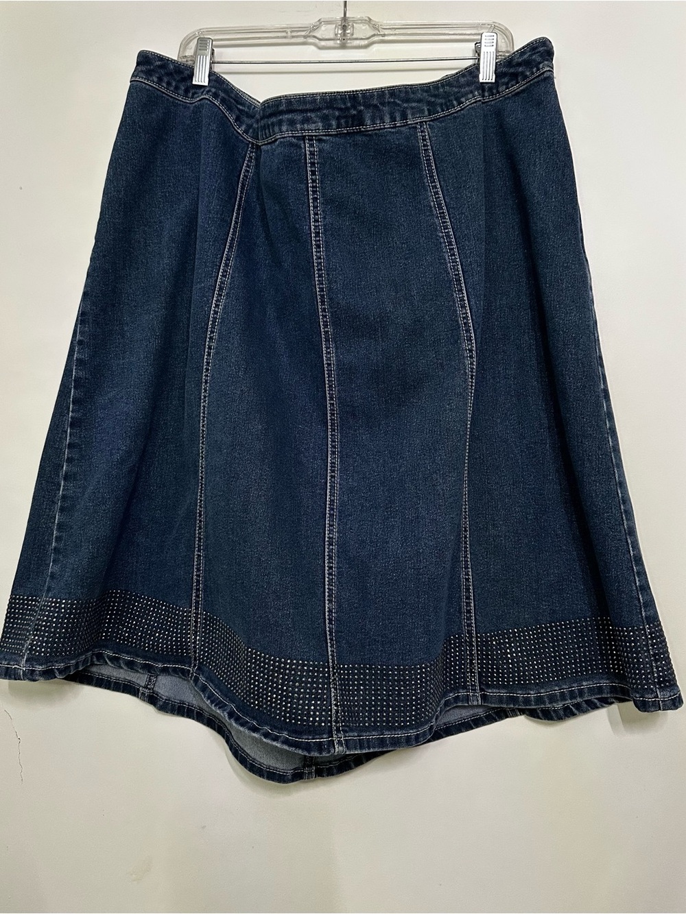 Catherine’s Dark Blue Denim A-Line Skirt with Studded Hem